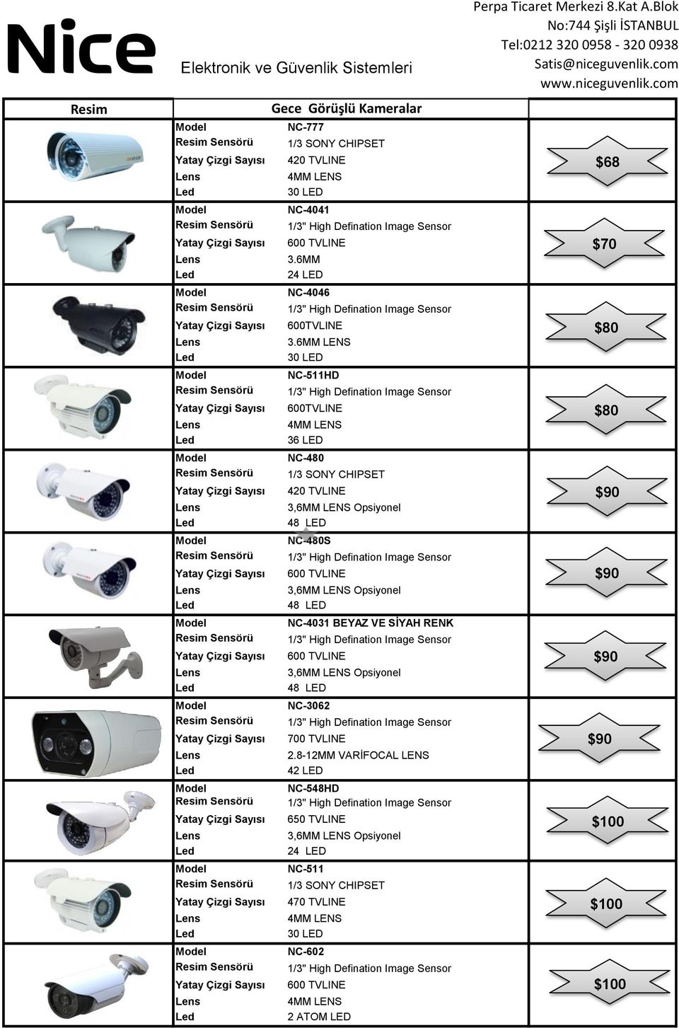 Opsiyonel 48 LED NC-4031 BEYAZ VE SİYAH RENK 600 TVLINE 3,6MM LENS Opsiyonel 48 LED NC-3062 700 TVLINE 2.