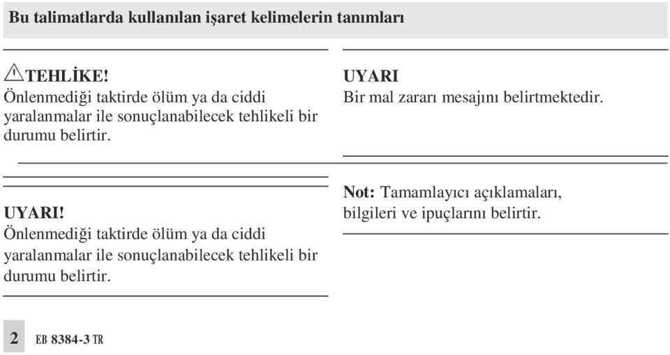 belirtir. UYARI Bir mal zararı mesajını belirtmektedir. UYARI!  belirtir.