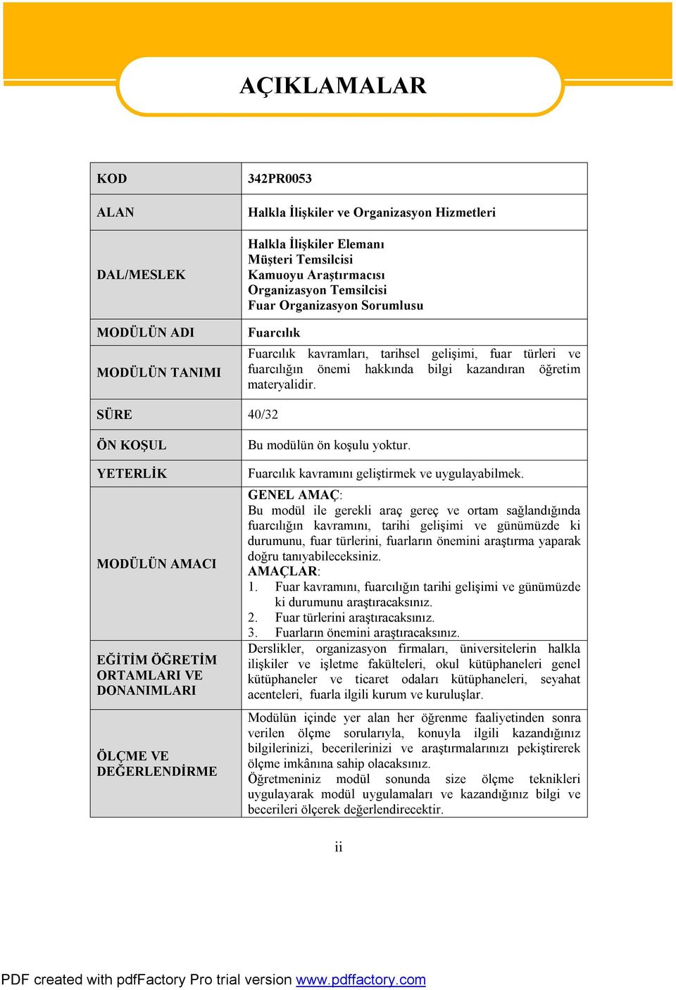 SÜRE 40/32 ÖN KOŞUL YETERLİK MODÜLÜN AMACI EĞİTİM ÖĞRETİM ORTAMLARI VE DONANIMLARI ÖLÇME VE DEĞERLENDİRME Bu modülün ön koşulu yoktur. Fuarcılık kavramını geliştirmek ve uygulayabilmek.