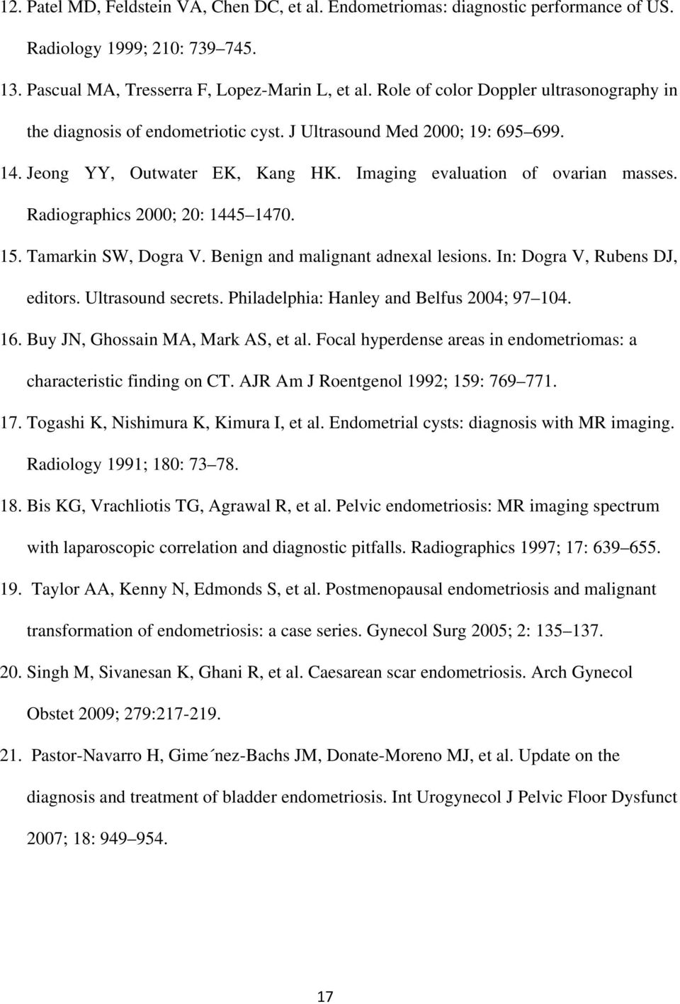 Radiographics 2000; 20: 1445 1470. 15. Tamarkin SW, Dogra V. Benign and malignant adnexal lesions. In: Dogra V, Rubens DJ, editors. Ultrasound secrets. Philadelphia: Hanley and Belfus 2004; 97 104.