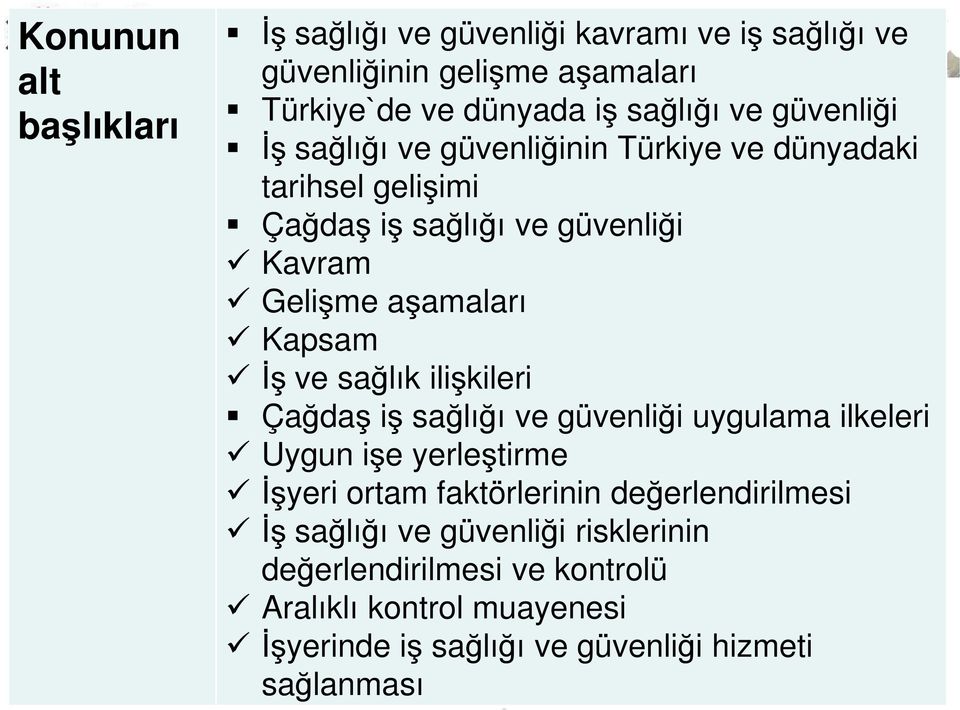 İş ve sağlık ilişkileri Çağdaş iş sağlığı ve güvenliği uygulama ilkeleri Uygun işe yerleştirme İşyeri ortam faktörlerinin değerlendirilmesi