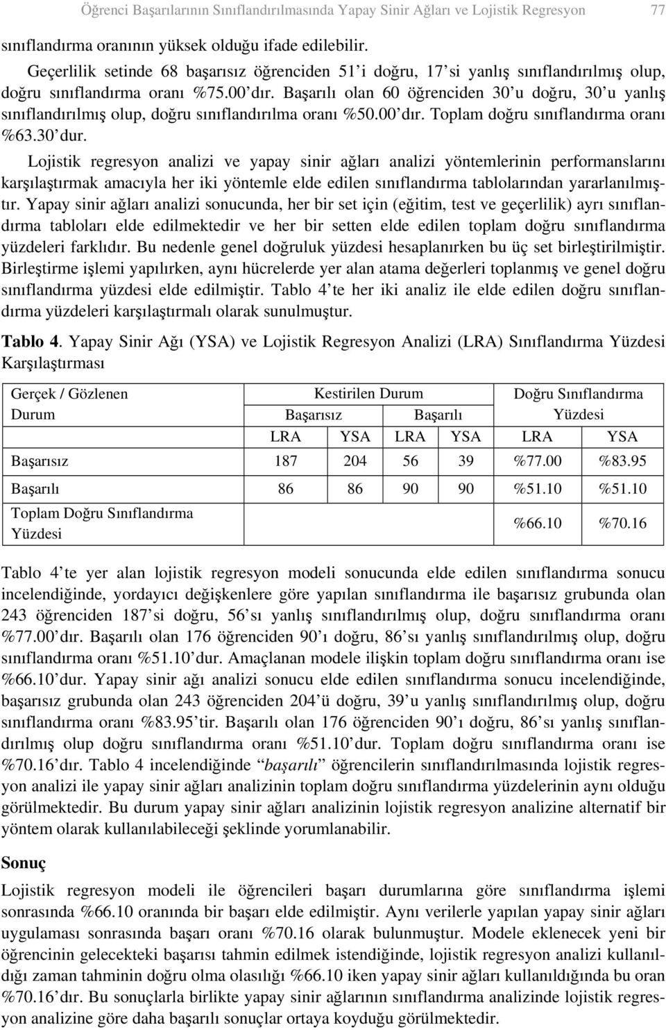 Başarılı olan 60 öğrenciden 30 u doğru, 30 u yanlış sınıflandırılmış olup, doğru sınıflandırılma oranı %50.00 dır. Toplam doğru sınıflandırma oranı %63.30 dur.