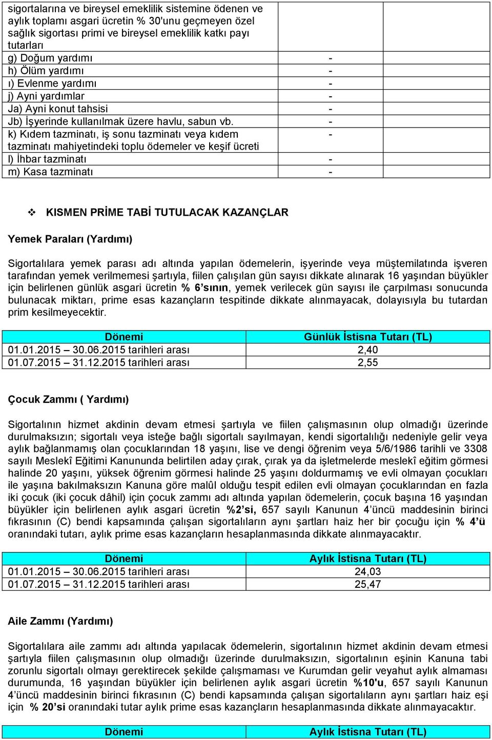 - k) Kıdem tazminatı, iş sonu tazminatı veya kıdem - tazminatı mahiyetindeki toplu ödemeler ve keşif ücreti l) İhbar tazminatı - m) Kasa tazminatı - KISMEN PRİME TABİ TUTULACAK KAZANÇLAR Yemek