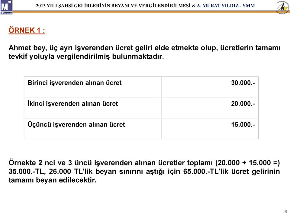 000.- Örnekte 2 nci ve 3 üncü işverenden alınan ücretler toplamı (20.000 + 15.000 =) 35.000.-TL, 26.