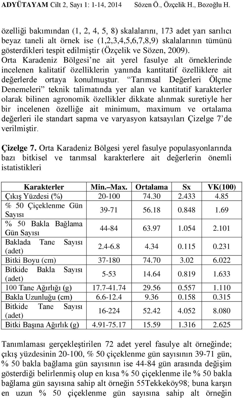 Tarımsal Değerleri Ölçme Denemeleri teknik talimatında yer alan ve kantitatif karakterler olarak bilinen agronomik özellikler dikkate alınmak suretiyle her bir incelenen özelliğe ait minimum, maximum