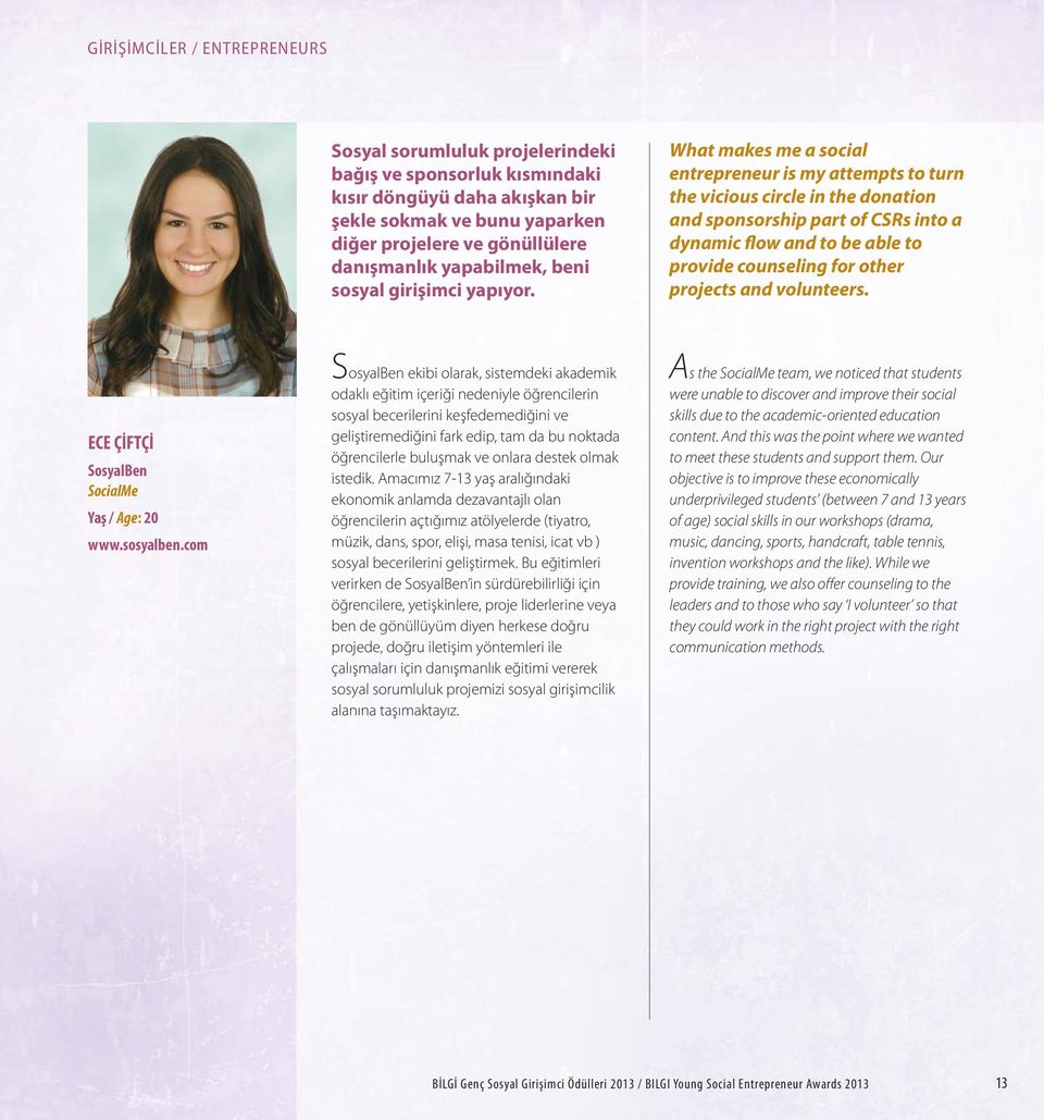 What makes me a social entrepreneur is my attempts to turn the vicious circle in the donation and sponsorship part of CSRs into a dynamic flow and to be able to provide counseling for other projects