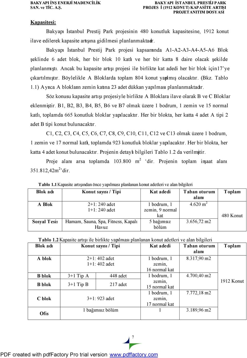 Ancak bu kapasite artışı projesi ile birlikte kat adedi her bir blok için17 ye çıkartılmıştır. Böylelikle A Bloklarda toplam 804 konut yapılmış olacaktır. (Bkz. Tablo 1.