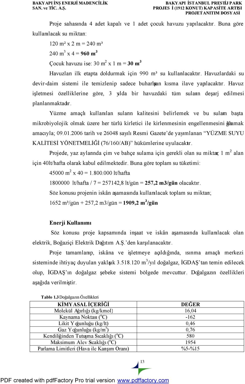 Havuzlardaki su devir-daim sistemi ile temizlenip sadece buharlaşan kısma ilave yapılacaktır. Havuz işletmesi özelliklerine göre, 3 yılda bir havuzdaki tüm suların deşarj edilmesi planlanmaktadır.