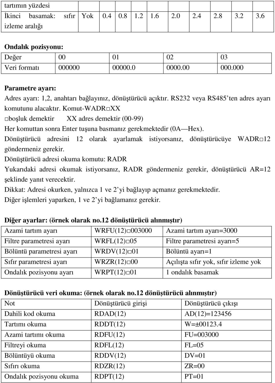 Komut-WADR XX bo luk demektir XX adres demektir (00-99) Her komuttan sonra Enter tu una basmanız gerekmektedir (0A Hex).