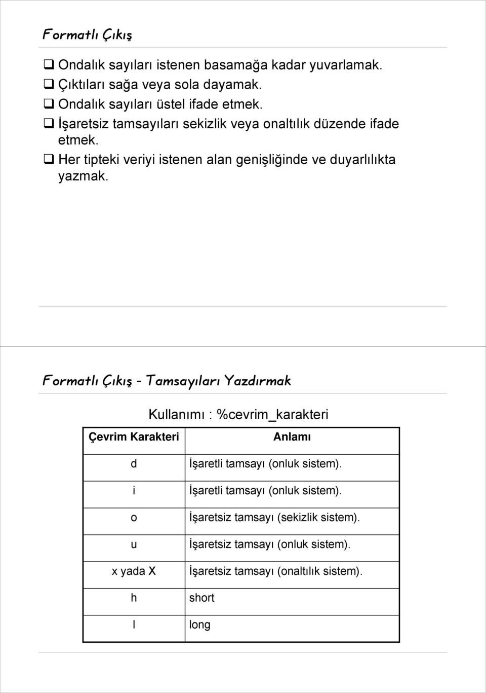 Formatl¹ Ç¹k¹Ş -Tamsay¹lar¹Yazd¹rmak Kullanımı : %cevrim_karakteri Çevrim Karakteri d i o u x yada X h l Anlamı İşaretli tamsayı (onluk