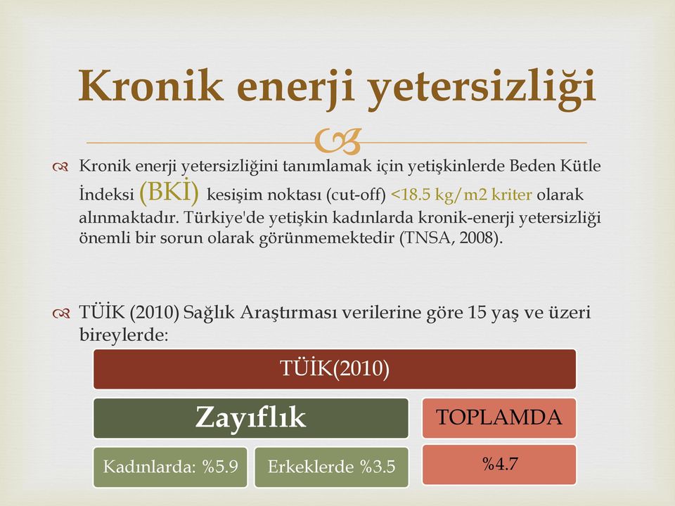 Türkiye'de yetişkin kadınlarda kronik-enerji yetersizliği önemli bir sorun olarak görünmemektedir (TNSA,