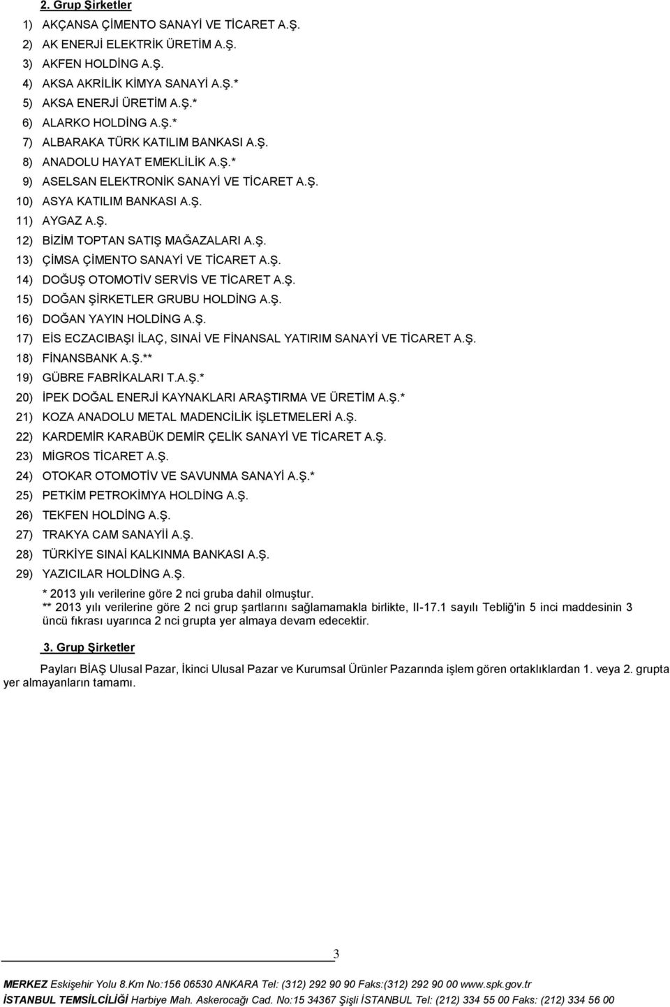 Ş. 13) ÇİMSA ÇİMENTO SANAYİ VE TİCARET A.Ş. 14) DOĞUŞ OTOMOTİV SERVİS VE TİCARET A.Ş. 15) DOĞAN ŞİRKETLER GRUBU HOLDİNG A.Ş. 16) DOĞAN YAYIN HOLDİNG A.Ş. 17) EİS ECZACIBAŞI İLAÇ, SINAİ VE FİNANSAL YATIRIM SANAYİ VE TİCARET A.