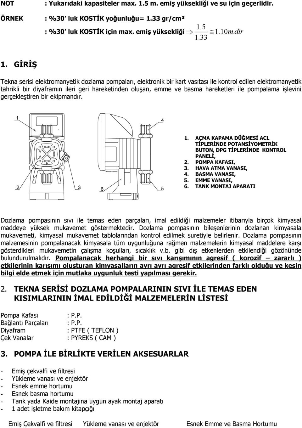 ile pompalama işlevini gerçekleştiren bir ekipmandır. 1 4 2 3 6 5 1. AÇMA KAPAMA DÜĞMESİ ACL TİPLERİNDE POTANSİYOMETRİK BUTON, DPG TİPLERİNDE KONTROL PANELİ, 2. POMPA KAFASI, 3. HAVA ATMA VANASI, 4.