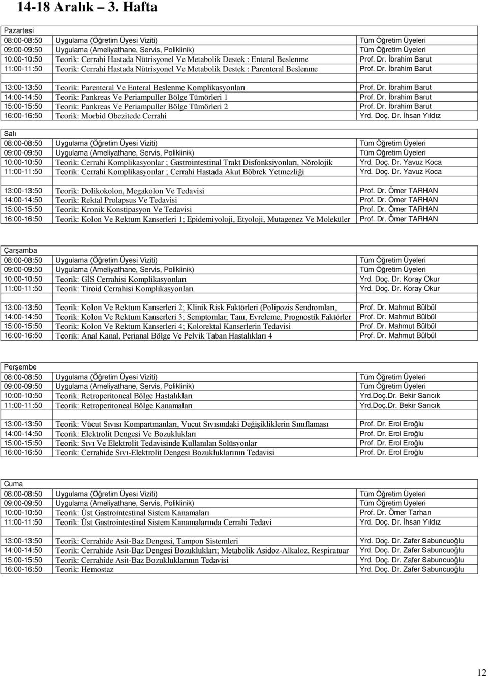 İbrahim Barut 13:00-13:50 Teorik: Parenteral Ve Enteral Beslenme Komplikasyonları Prof. Dr. İbrahim Barut 14:00-14:50 Teorik: Pankreas Ve Periampuller Bölge Tümörleri 1 Prof. Dr. İbrahim Barut 15:00-15:50 Teorik: Pankreas Ve Periampuller Bölge Tümörleri 2 Prof.
