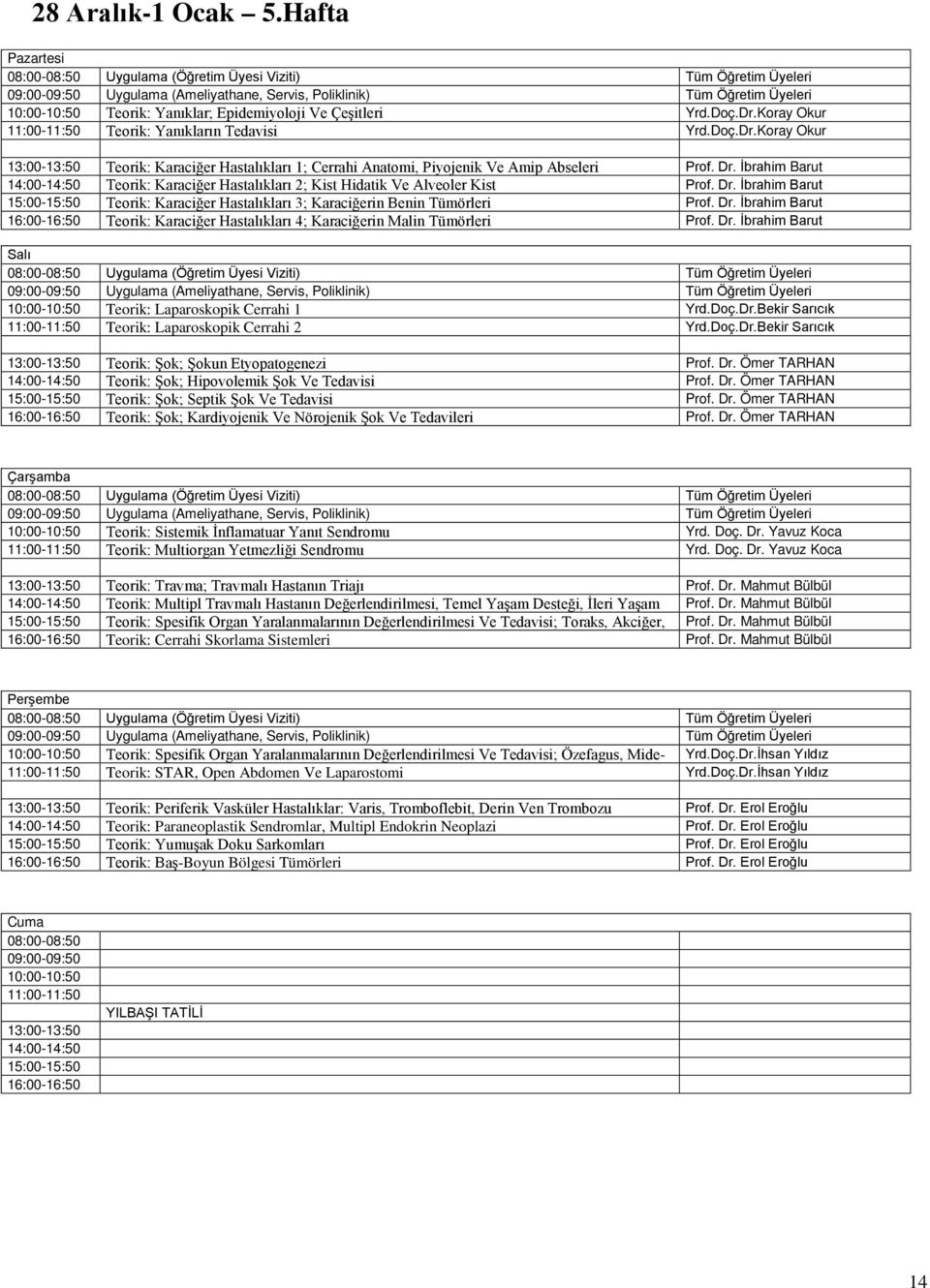 Dr. İbrahim Barut 16:00-16:50 Teorik: Karaciğer Hastalıkları 4; Karaciğerin Malin Tümörleri Prof. Dr. İbrahim Barut 10:00-10:50 Teorik: Laparoskopik Cerrahi 1 Yrd.Doç.Dr.Bekir Sarıcık 11:00-11:50 Teorik: Laparoskopik Cerrahi 2 Yrd.