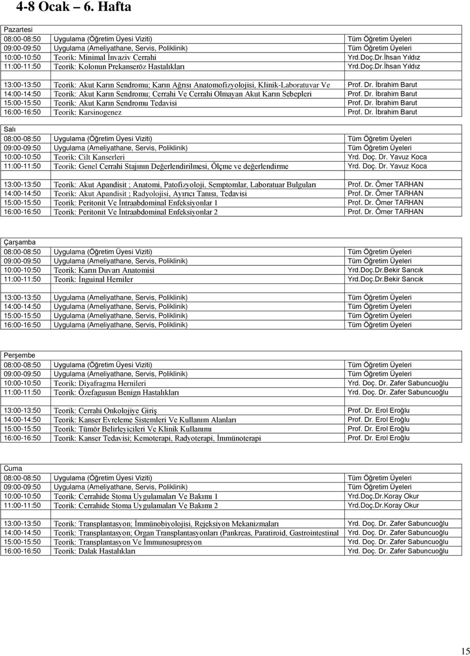 Dr. İbrahim Barut 10:00-10:50 Teorik: Cilt Kanserleri Yrd. Doç. Dr. Yavuz Koca 11:00-11:50 Teorik: Genel Cerrahi Stajının Değerlendirilmesi, Ölçme ve değerlendirme Yrd. Doç. Dr. Yavuz Koca 13:00-13:50 Teorik: Akut Apandisit ; Anatomi, Patofizyoloji, Semptomlar, Laboratuar Bulguları Prof.