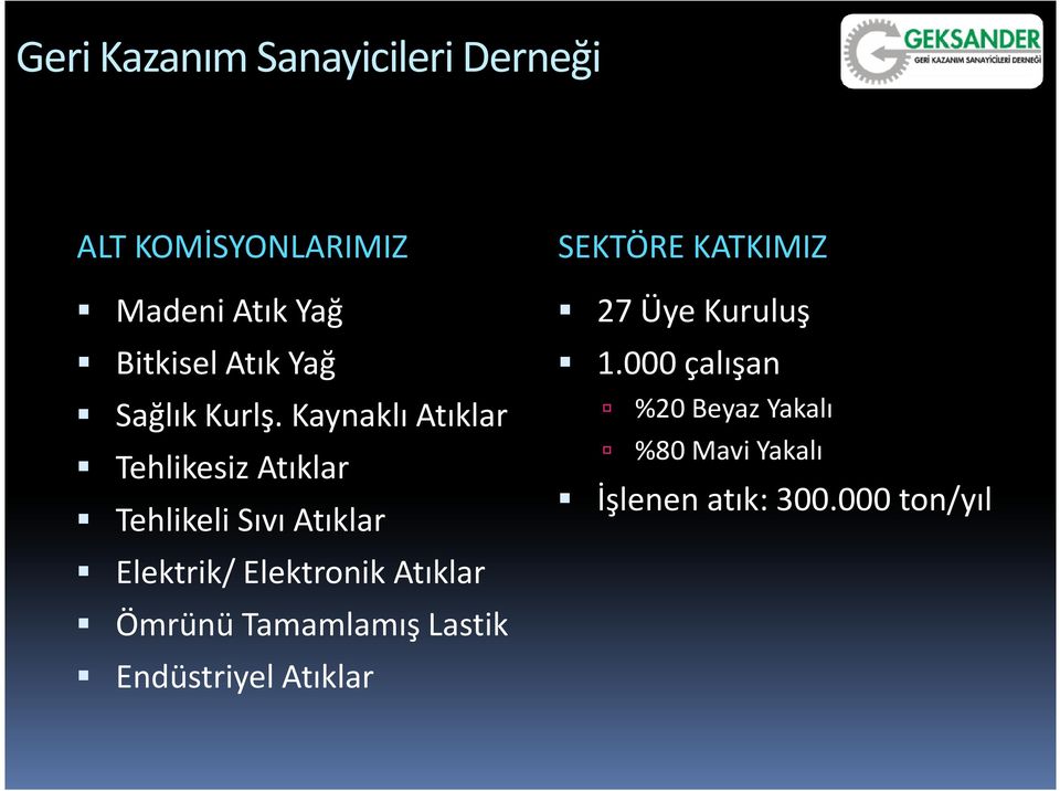 Kaynaklı Atıklar Tehlikesiz Atıklar Tehlikeli Sıvı Atıklar Elektrik/ Elektronik