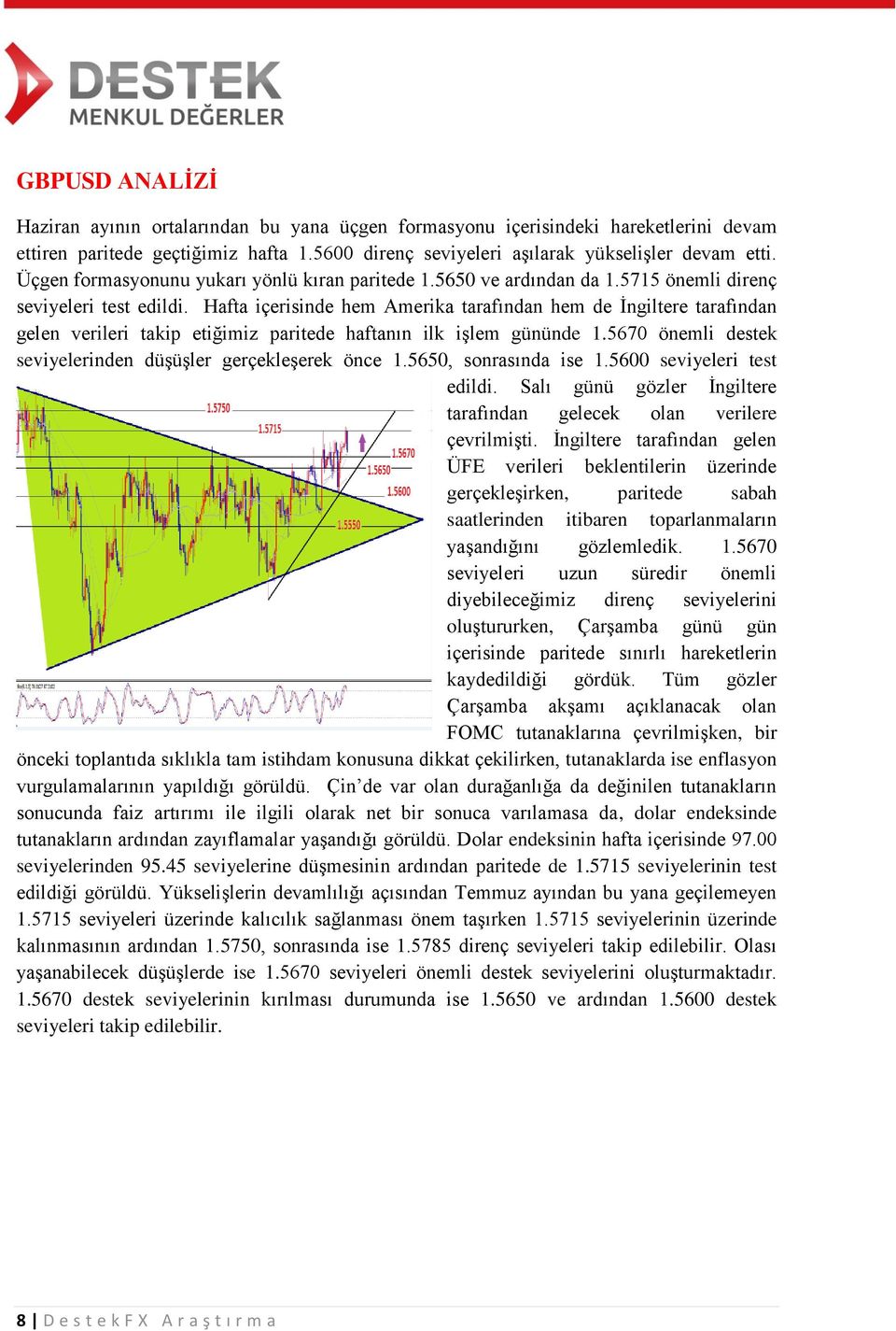 Hafta içerisinde hem Amerika tarafından hem de İngiltere tarafından gelen verileri takip etiğimiz paritede haftanın ilk işlem gününde 1.5670 önemli destek seviyelerinden düşüşler gerçekleşerek önce 1.