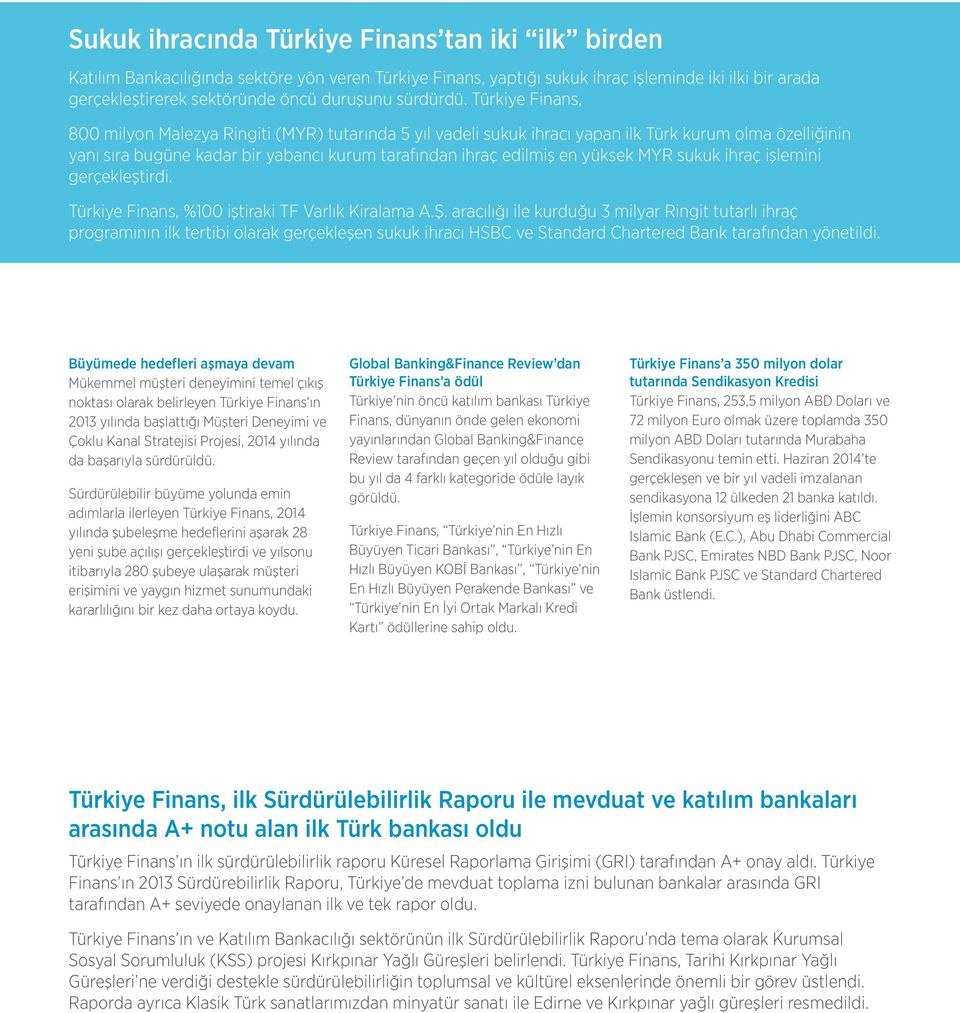 Türkiye Finans, 800 milyon Malezya Ringiti (MYR) tutarında 5 yıl vadeli sukuk ihracı yapan ilk Türk kurum olma özelliğinin yanı sıra bugüne kadar bir yabancı kurum tarafından ihraç edilmiş en yüksek