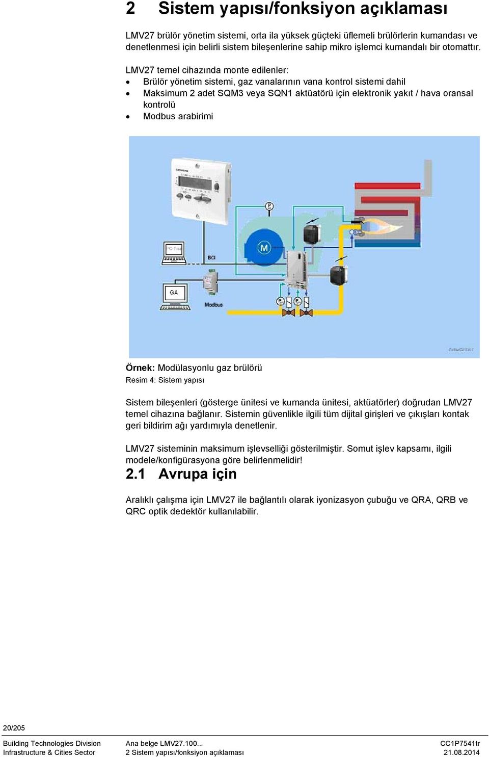 LMV27 temel cihazında monte edilenler: Brülör yönetim sistemi, gaz vanalarının vana kontrol sistemi dahil Maksimum 2 adet SQM3 veya SQN1 aktüatörü için elektronik yakıt / hava oransal kontrolü Modbus