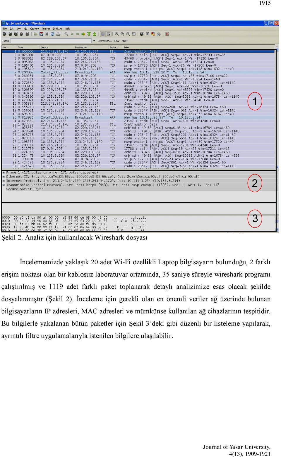 laboratuvar ortamında, 35 saniye süreyle wireshark programı çalıştırılmış ve 1119 adet farklı paket toplanarak detaylı analizimize esas olacak şekilde dosyalanmıştır