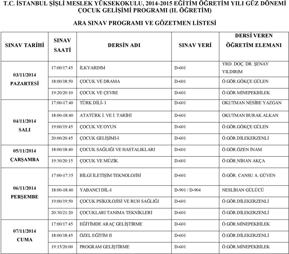 TARİHİ D-601 OKUTMAN BURAK ALKAN 19:00/19:45 ÇOCUK VE OYUN D-601 Ö.GÖR.GÖKÇE GÜLEN 20:00/20:45 ÇOCUK GELİŞİMİ-I D-601 Ö.GÖR.DİLEKERZENLİ 18:00/18:40 ÇOCUK SAĞLIĞI VE HASTALIKLARI D-601 Ö.GÖR.ÖZEN İNAM 19:30/20:15 ÇOCUK VE MÜZİK D-601 Ö.