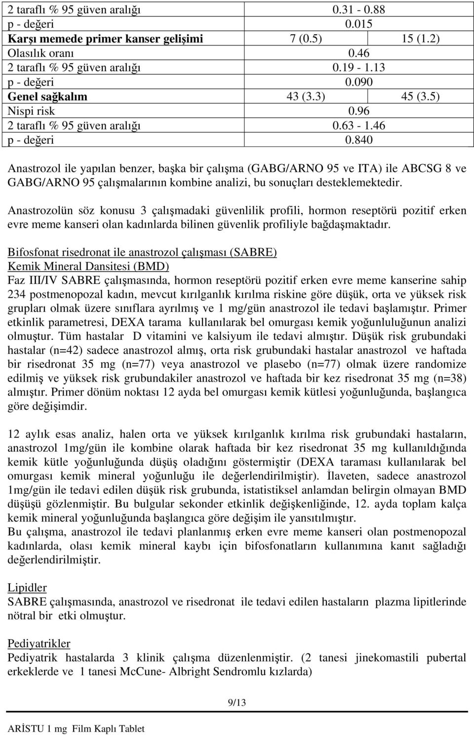 840 Anastrozol ile yapılan benzer, başka bir çalışma (GABG/ARNO 95 ve ITA) ile ABCSG 8 ve GABG/ARNO 95 çalışmalarının kombine analizi, bu sonuçları desteklemektedir.