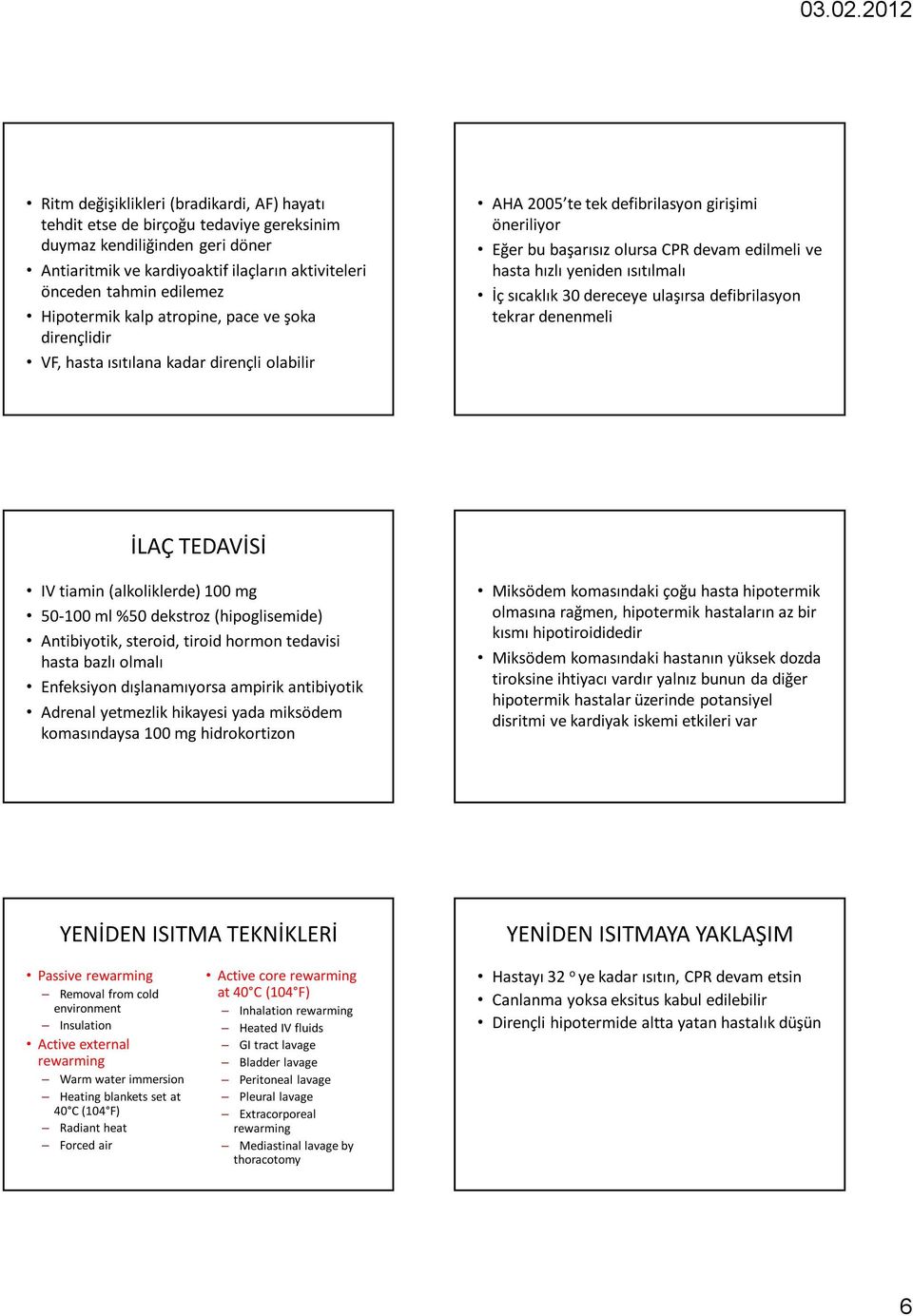 hızlı yeniden ısıtılmalı İç sıcaklık 30 dereceye ulaşırsa defibrilasyon tekrar denenmeli İLAÇ TEDAVİSİ IV tiamin (alkoliklerde) 100 mg 50-100 ml %50 dekstroz (hipoglisemide) Antibiyotik, steroid,