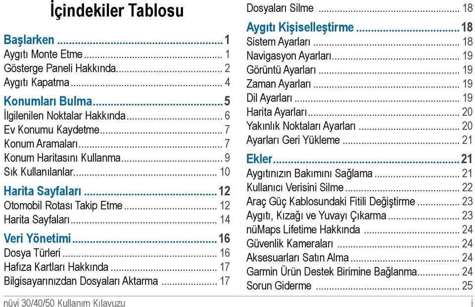 .. 17 Bilgisayarınızdan Dosyaları Aktarma... 17 nüvi 30/40/50 Kullanım Kılavuzu Dosyaları Silme... 18 Aygıtı Kişiselleştirme...18 Sistem Ayarları... 18 Navigasyon Ayarları... 19 Görüntü Ayarları.