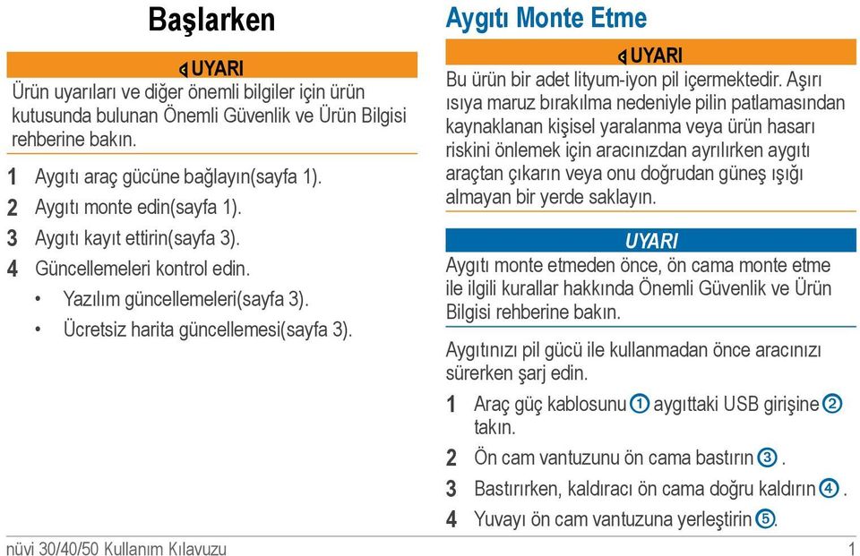 Aygıtı Monte Etme UYARI Bu ürün bir adet lityum-iyon pil içermektedir.