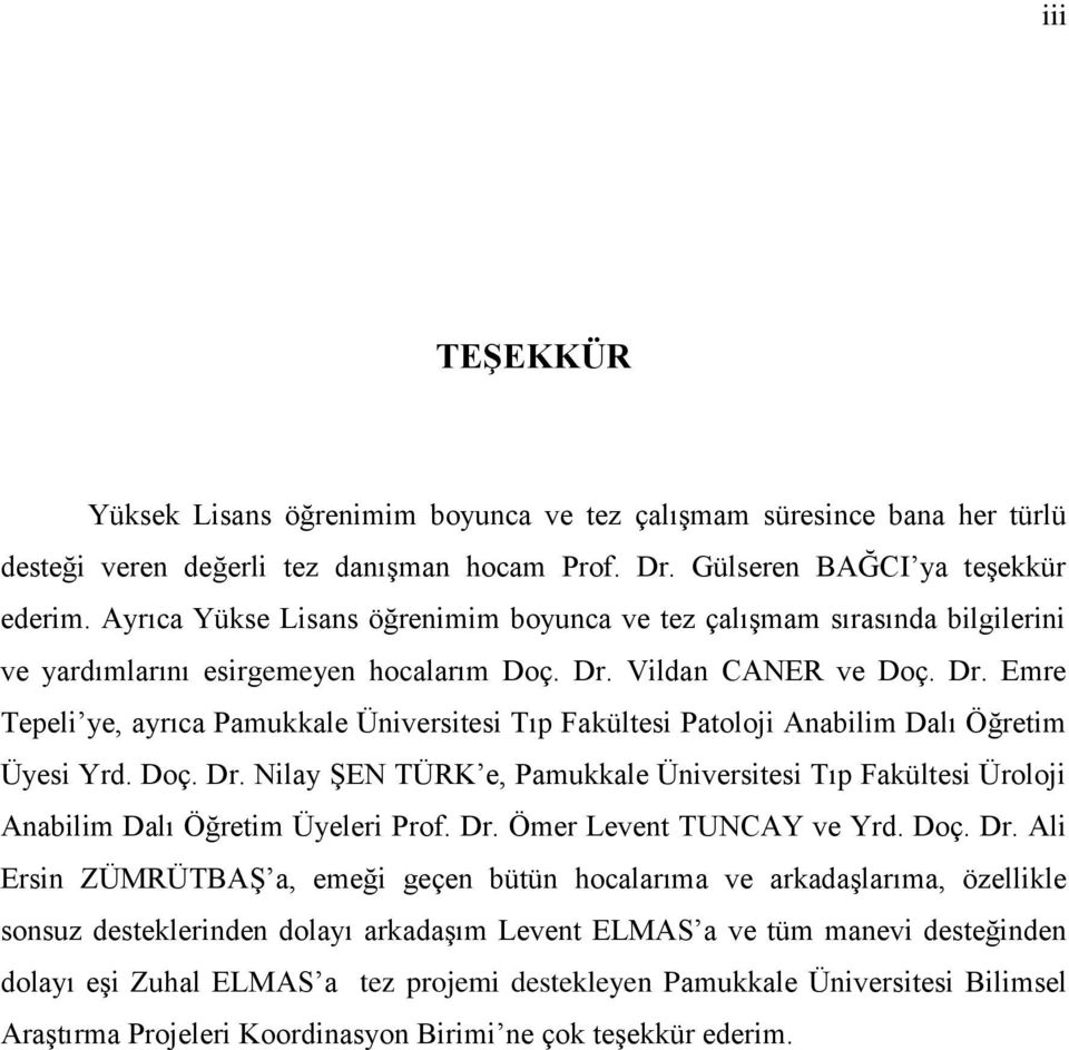 Vildan CANER ve Doç. Dr. Emre Tepeli ye, ayrıca Pamukkale Üniversitesi Tıp Fakültesi Patoloji Anabilim Dalı Öğretim Üyesi Yrd. Doç. Dr. Nilay ŞEN TÜRK e, Pamukkale Üniversitesi Tıp Fakültesi Üroloji Anabilim Dalı Öğretim Üyeleri Prof.