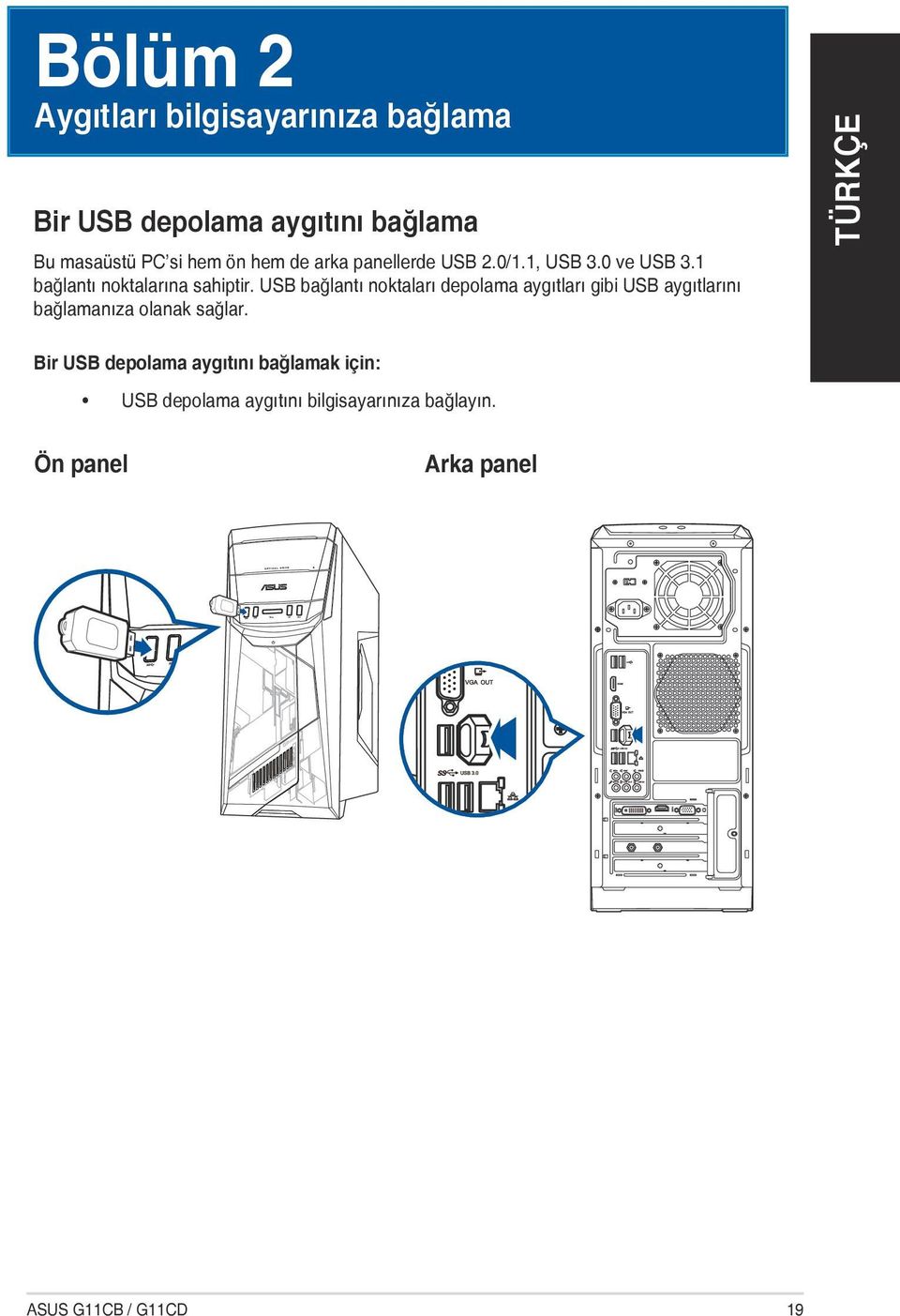 USB bağlantı noktaları depolama aygıtları gibi USB aygıtlarını bağlamanıza olanak sağlar.