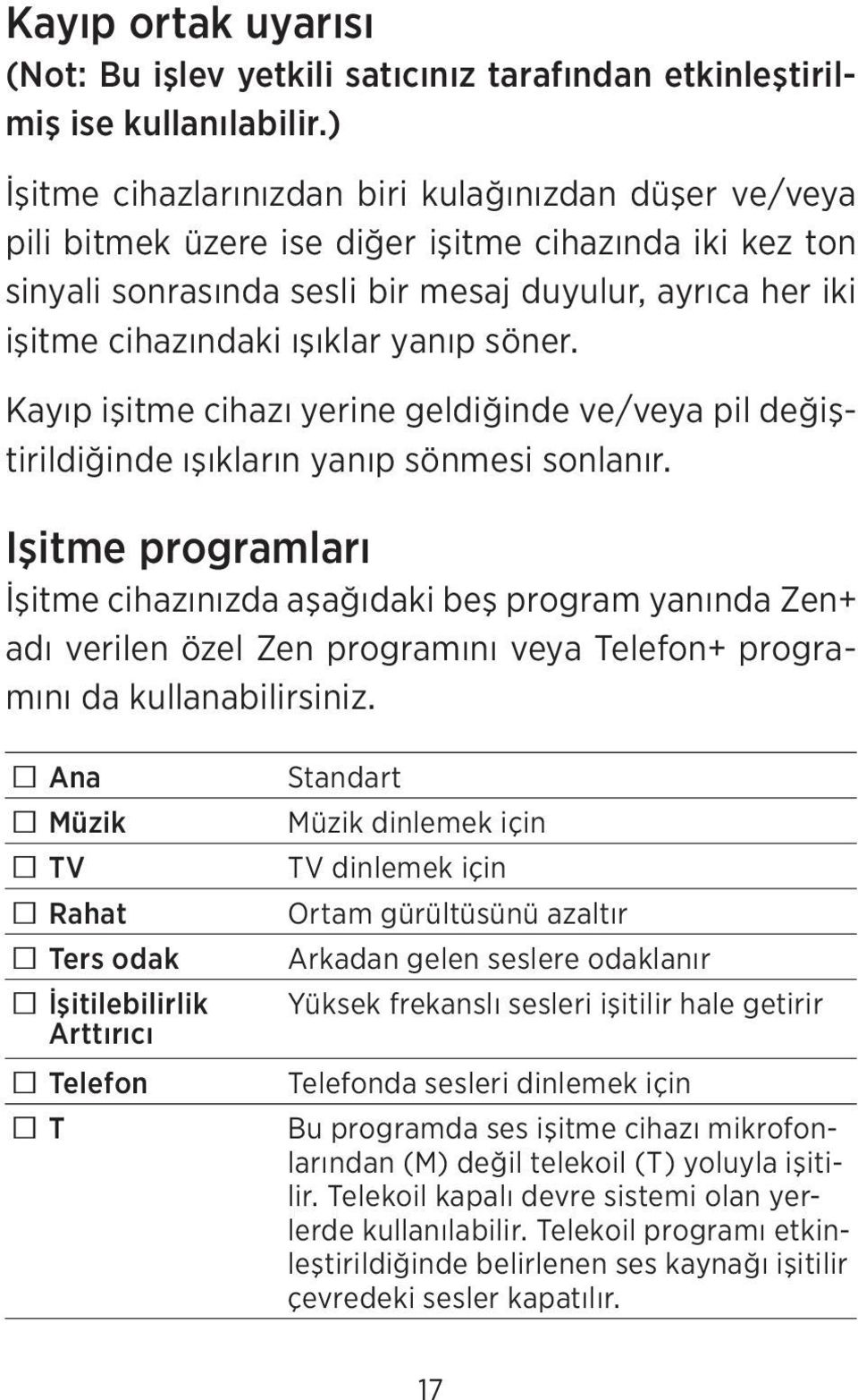 yanıp söner. Kayıp işitme cihazı yerine geldiğinde ve/veya pil değiştirildiğinde ışıkların yanıp sönmesi sonlanır.