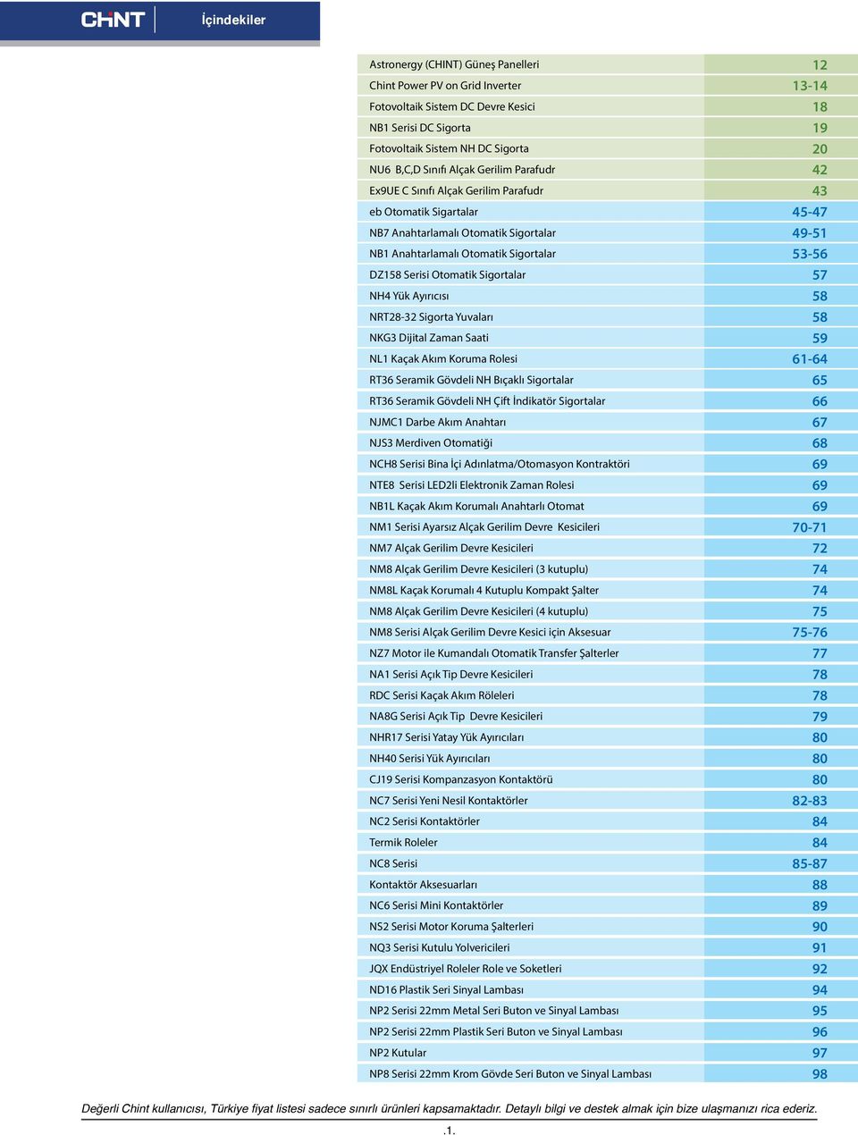 Serisi Otomatik Sigortalar 57 NH4 Yük Ayırıcısı 58 NRT28-32 Sigorta Yuvaları 58 NKG3 Dijital Zaman Saati 59 NL1 Kaçak Akım Koruma Rolesi 61-64 RT36 Seramik Gövdeli NH Bıçaklı Sigortalar 65 RT36