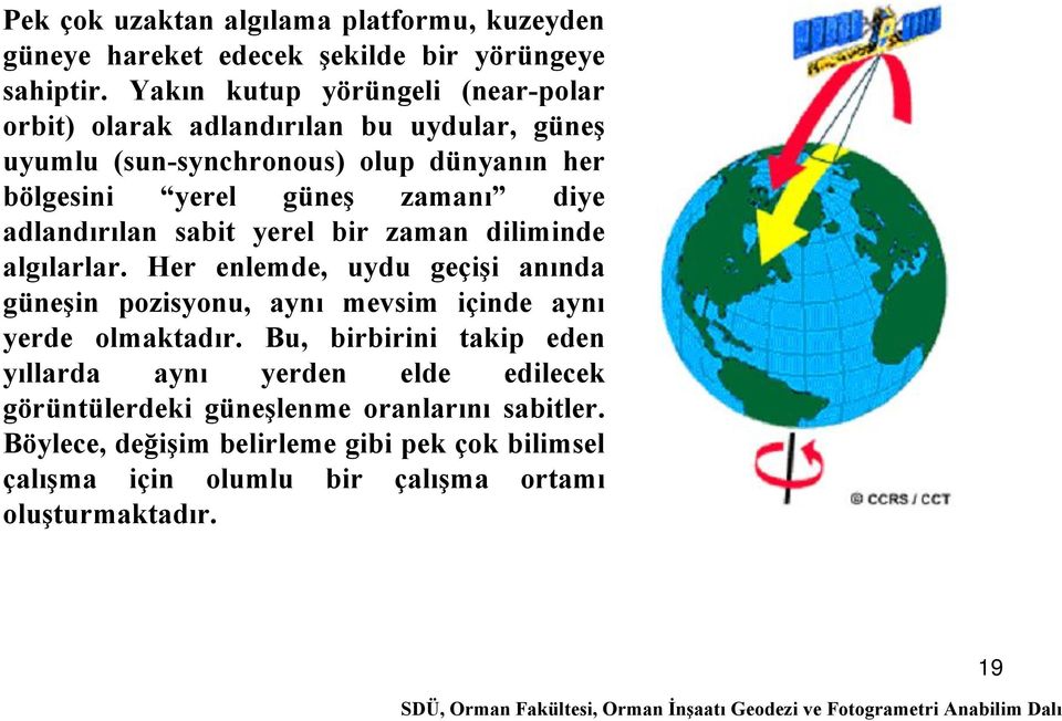 diye adlandırılan sabit yerel bir zaman diliminde algılarlar. Her enlemde, uydu geçişi anında güneşin pozisyonu, aynı mevsim içinde aynı yerde olmaktadır.