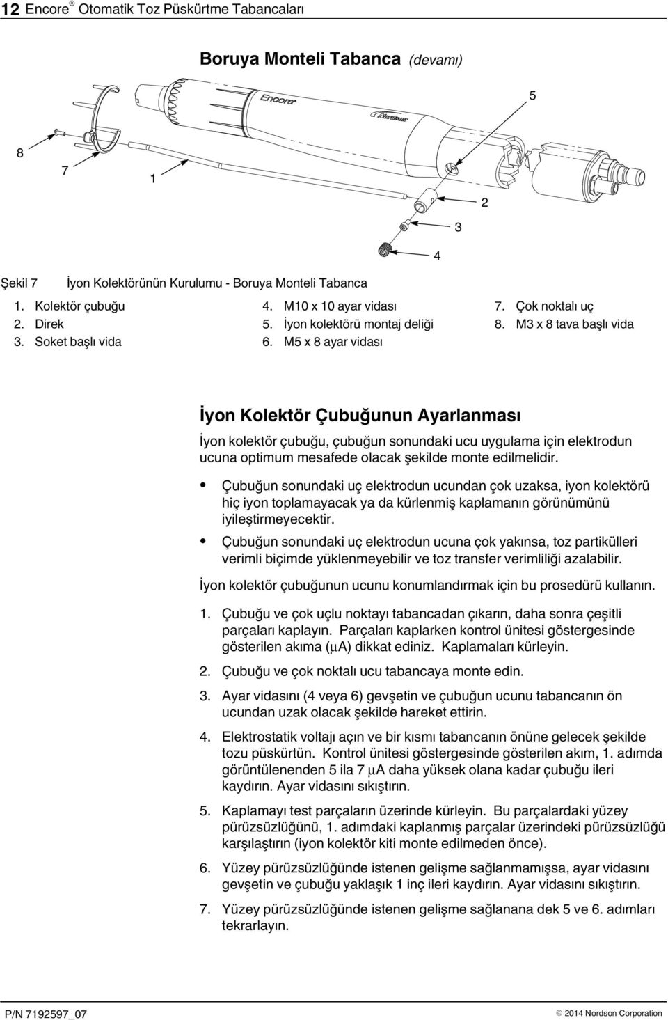 M3 x 8 tava başlı vida İyon Kolektör Çubuğunun Ayarlanması İyon kolektör çubuğu, çubuğun sonundaki ucu uygulama için elektrodun ucuna optimum mesafede olacak şekilde monte edilmelidir.