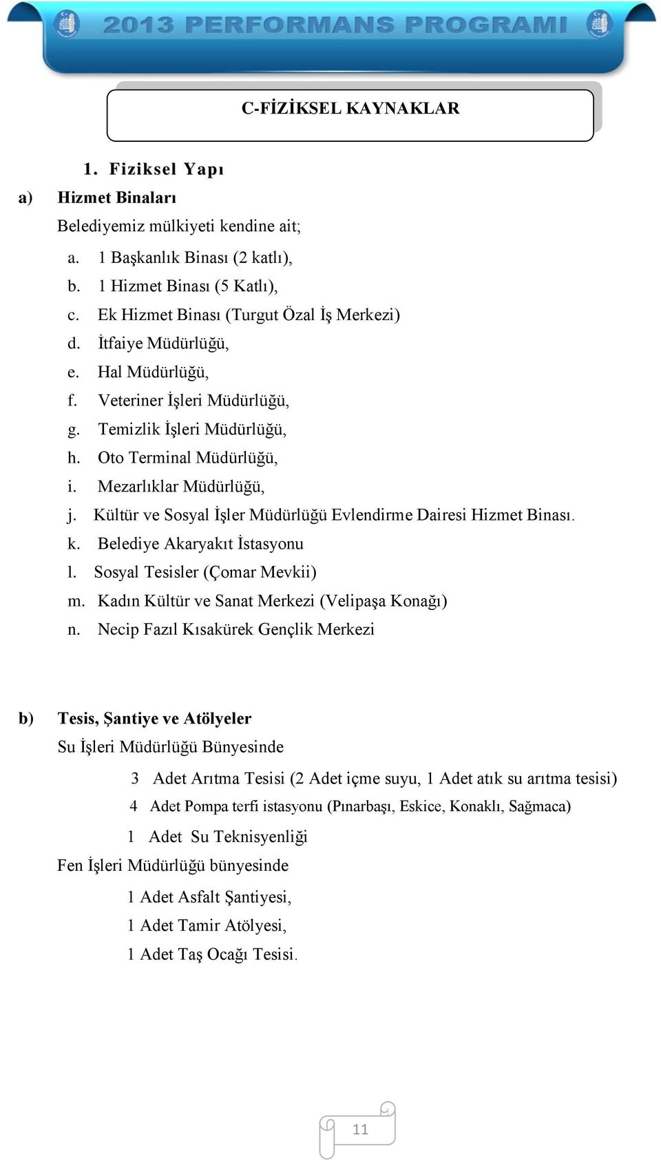 Kültür ve Sosyal İşler Müdürlüğü Evlendirme Dairesi Hizmet Binası. k. Belediye Akaryakıt İstasyonu l. Sosyal Tesisler (Çomar Mevkii) m. Kadın Kültür ve Sanat Merkezi (Velipaşa Konağı) n.