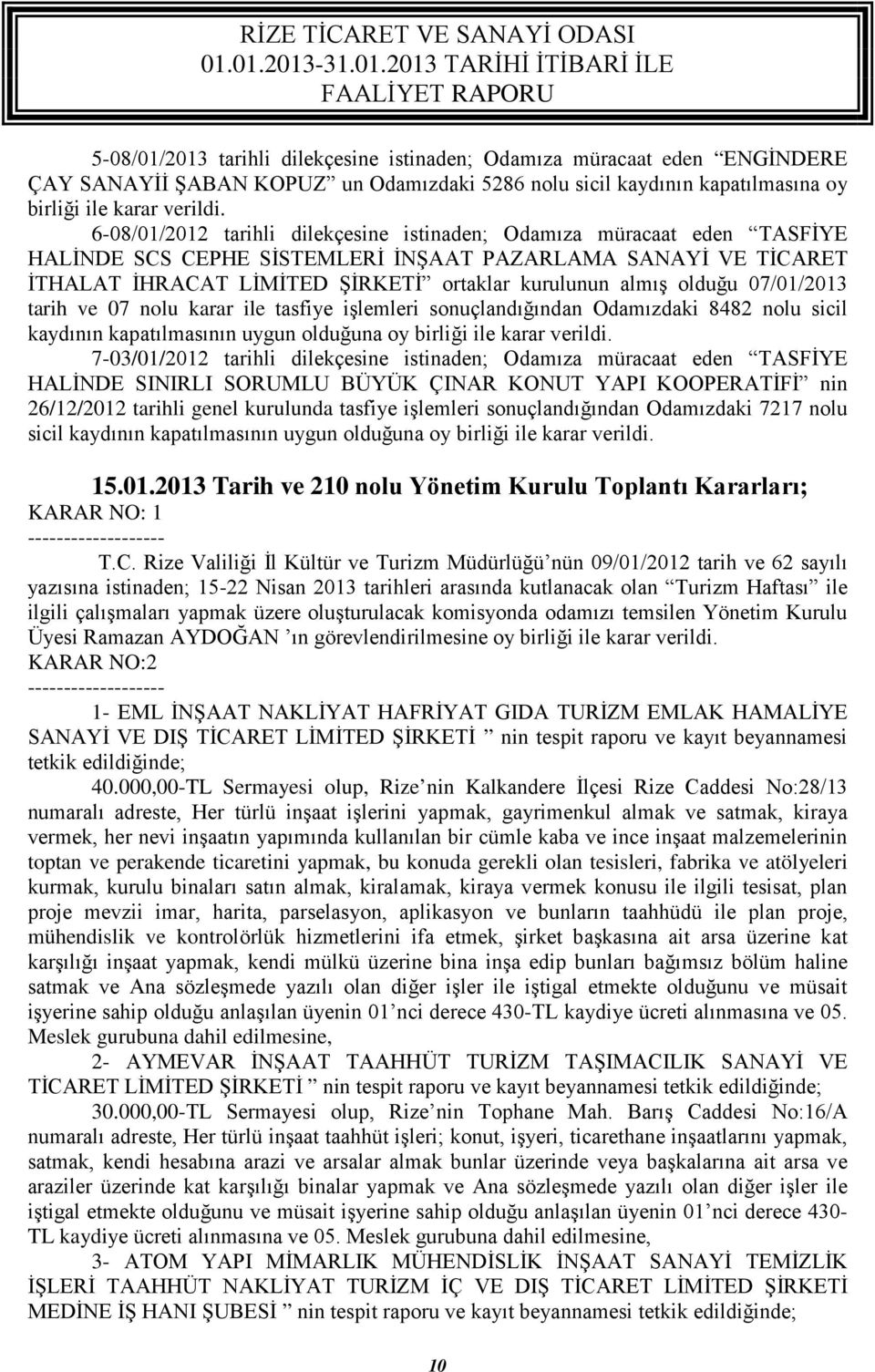 olduğu 07/01/2013 tarih ve 07 nolu karar ile tasfiye işlemleri sonuçlandığından Odamızdaki 8482 nolu sicil kaydının kapatılmasının uygun olduğuna oy birliği ile karar verildi.