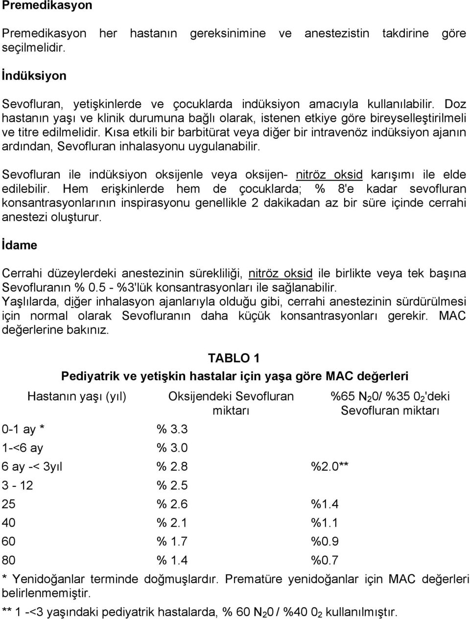 Kısa etkili bir barbitürat veya diğer bir intravenöz indüksiyon ajanın ardından, Sevofluran inhalasyonu uygulanabilir.