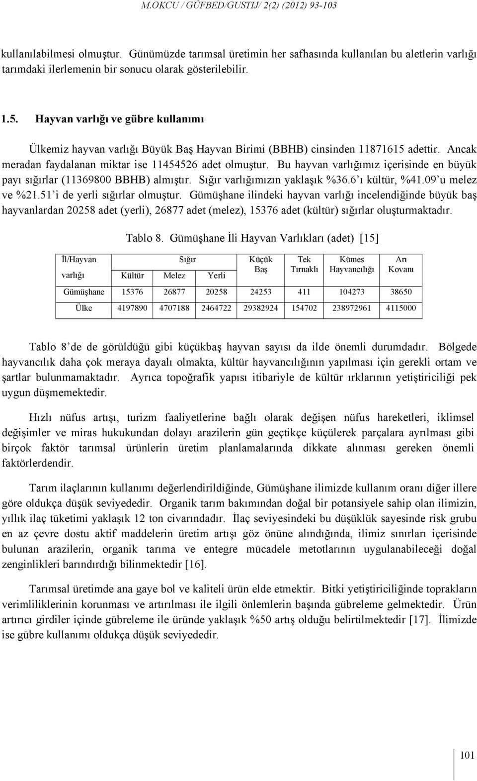 Bu hayvan varlığımız içerisinde en büyük payı sığırlar (11369800 BBHB) almıştır. Sığır varlığımızın yaklaşık %36.6 ı kültür, %41.09 u melez ve %21.51 i de yerli sığırlar olmuştur.