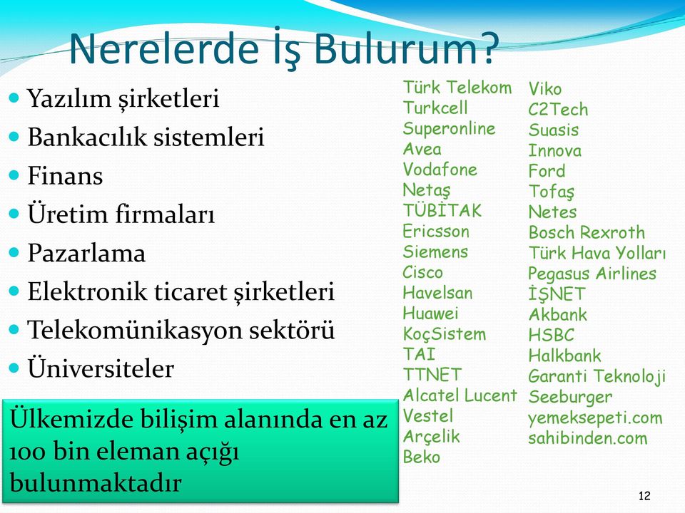 Üniversiteler Ülkemizde bilişim alanında en az 100 bin eleman açığı bulunmaktadır Türk Telekom Turkcell Superonline Avea Vodafone Netaş