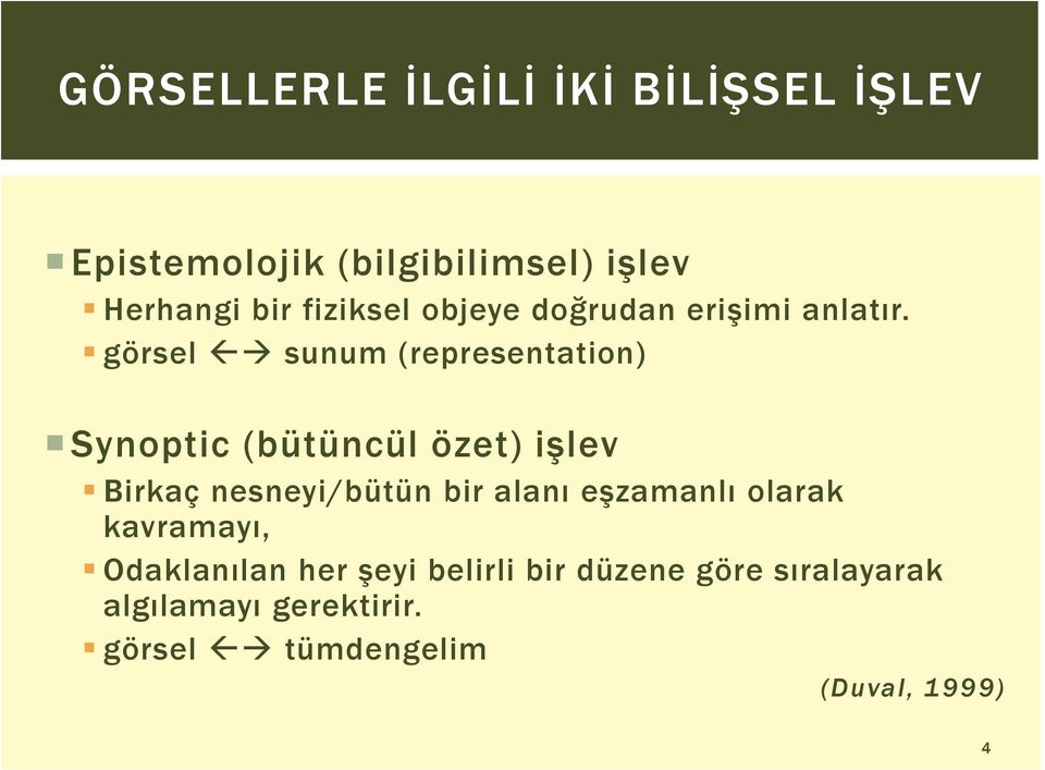 görsel sunum (representation) Synoptic (bütüncül özet) işlev Birkaç nesneyi/bütün bir