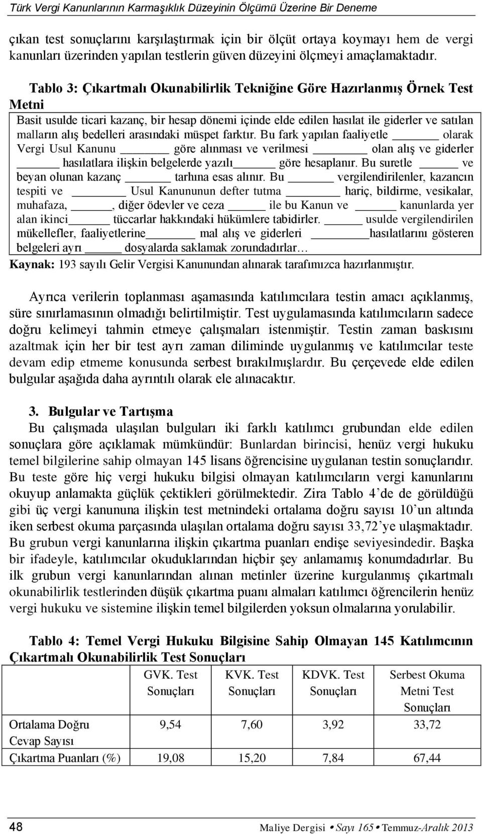 Tablo 3: Çıkartmalı Okunabilirlik Tekniğine Göre Hazırlanmış Örnek Test Metni Basit usulde ticari kazanç, bir hesap dönemi içinde elde edilen hasılat ile giderler ve satılan malların alış bedelleri