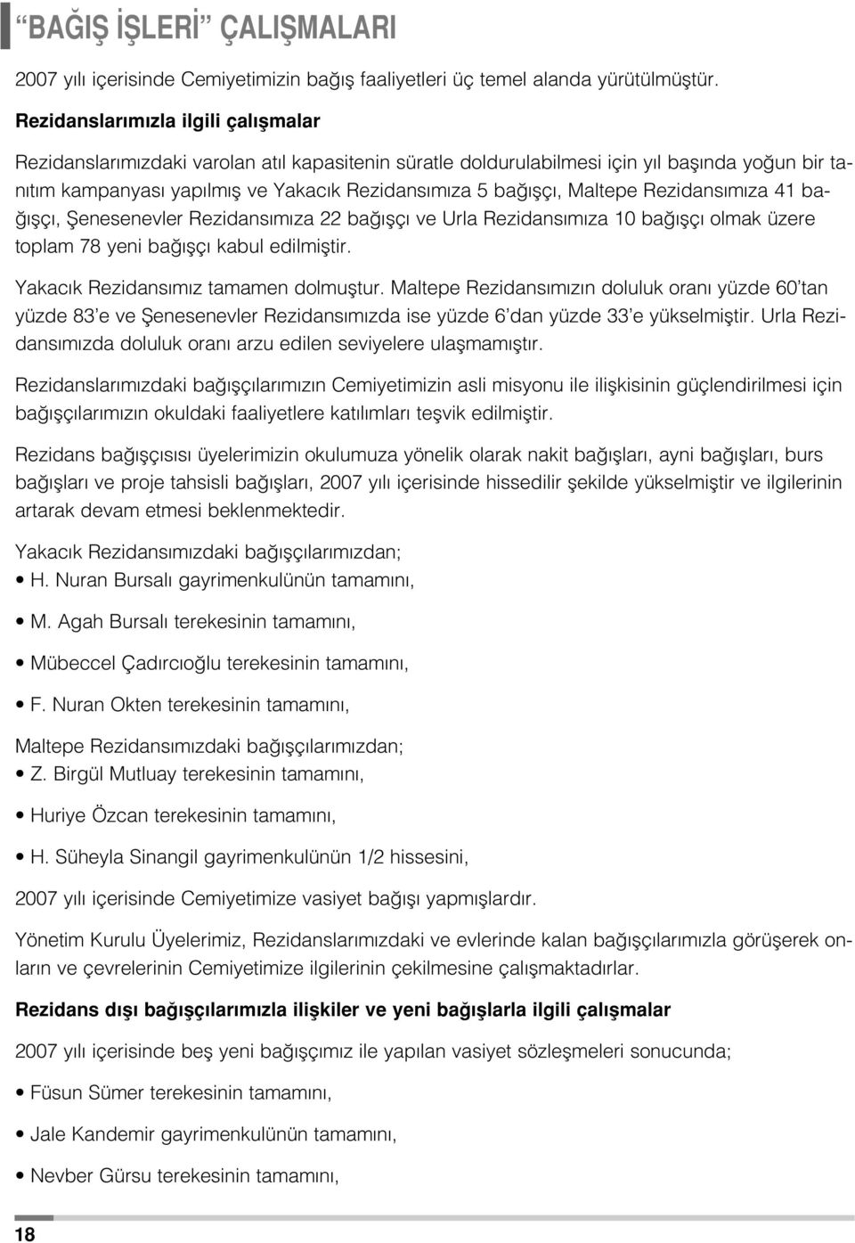 Maltepe Rezidans m za 41 ba- flç, fienesenevler Rezidans m za 22 ba flç ve Urla Rezidans m za 10 ba flç olmak üzere toplam 78 yeni ba flç kabul edilmifltir. Yakac k Rezidans m z tamamen dolmufltur.