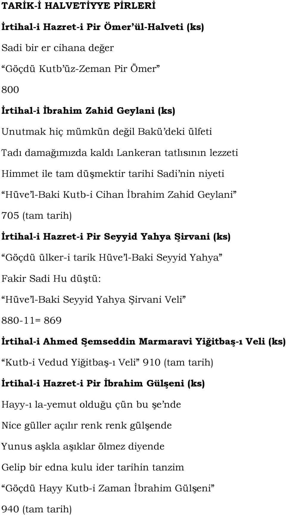 Seyyid Yahya Şirvani (ks) Göçdü ülker-i tarik Hüve l-baki Seyyid Yahya Fakir Sadi Hu düştü: Hüve l-baki Seyyid Yahya Şirvani Veli 880-11= 869 İrtihal-i Ahmed Şemseddin Marmaravi Yiğitbaş-ı Veli (ks)