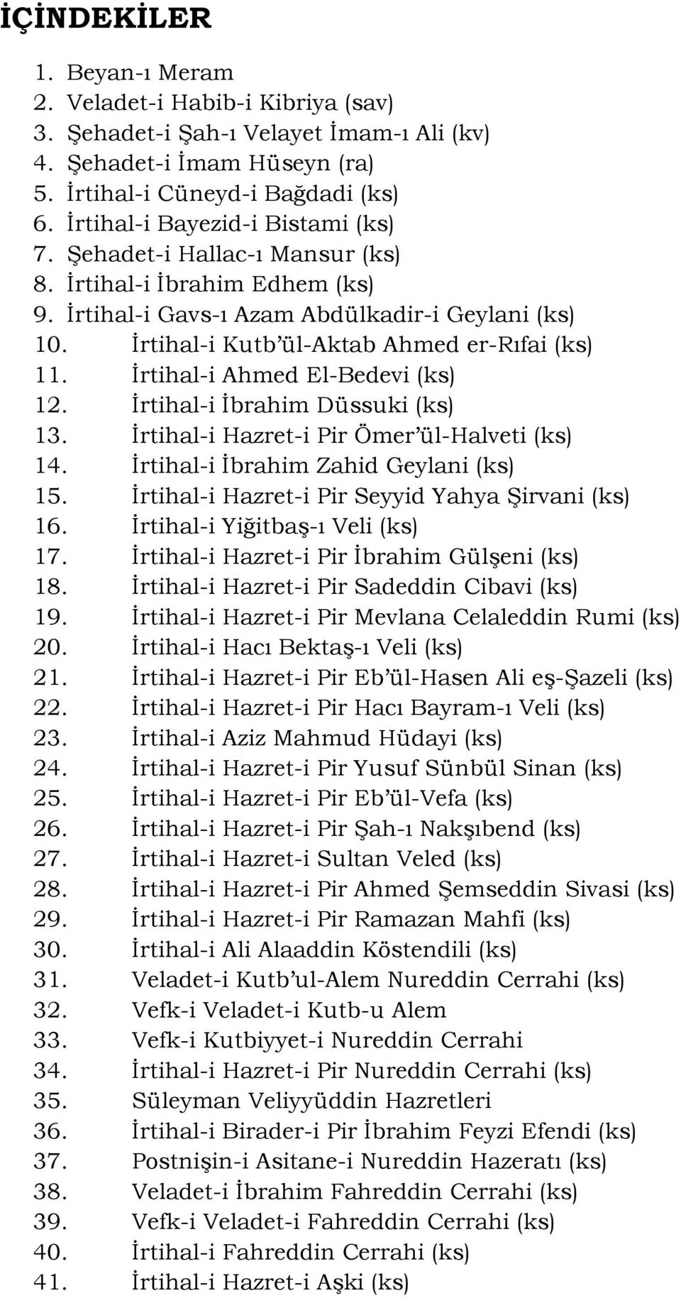 İrtihal-i Kutb ül-aktab Ahmed er-rıfai (ks) 11. İrtihal-i Ahmed El-Bedevi (ks) 12. İrtihal-i İbrahim Düssuki (ks) 13. İrtihal-i Hazret-i Pir Ömer ül-halveti (ks) 14.