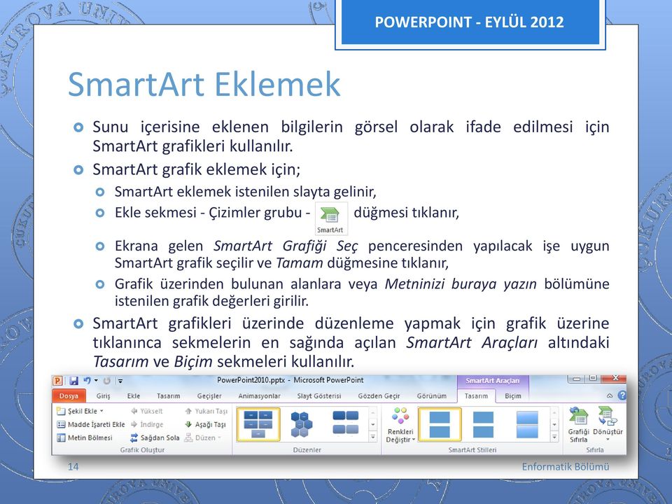 penceresinden yapılacak işe uygun SmartArt grafik seçilir ve Tamam düğmesine tıklanır, Grafik üzerinden bulunan alanlara veya Metninizi buraya yazın bölümüne