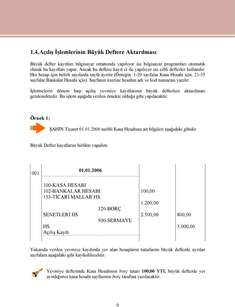 Sayfanın üzerine hesabın adı ve kod numarası yazılır. İşletmelerin dönem başı açılış yevmiye kayıtlarının büyük defterlere aktarılması gerekmektedir.