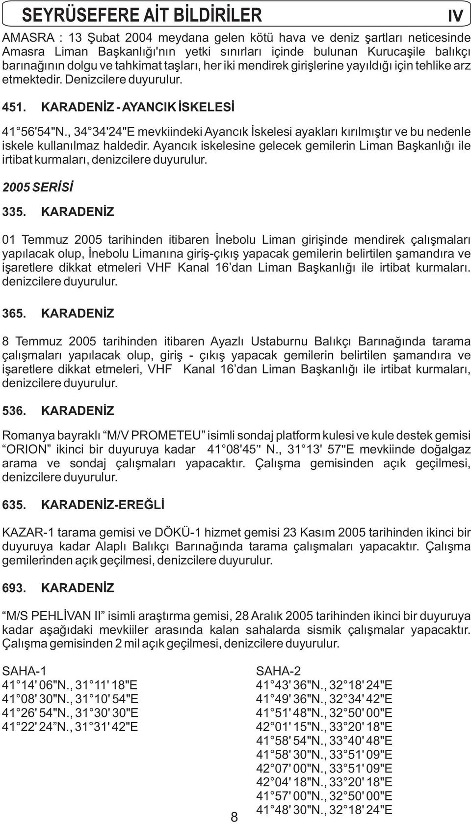 , 34 34'24"E mevkiindeki Ayancık İskelesi ayakları kırılmıştır ve bu nedenle iskele kullanılmaz haldedir.