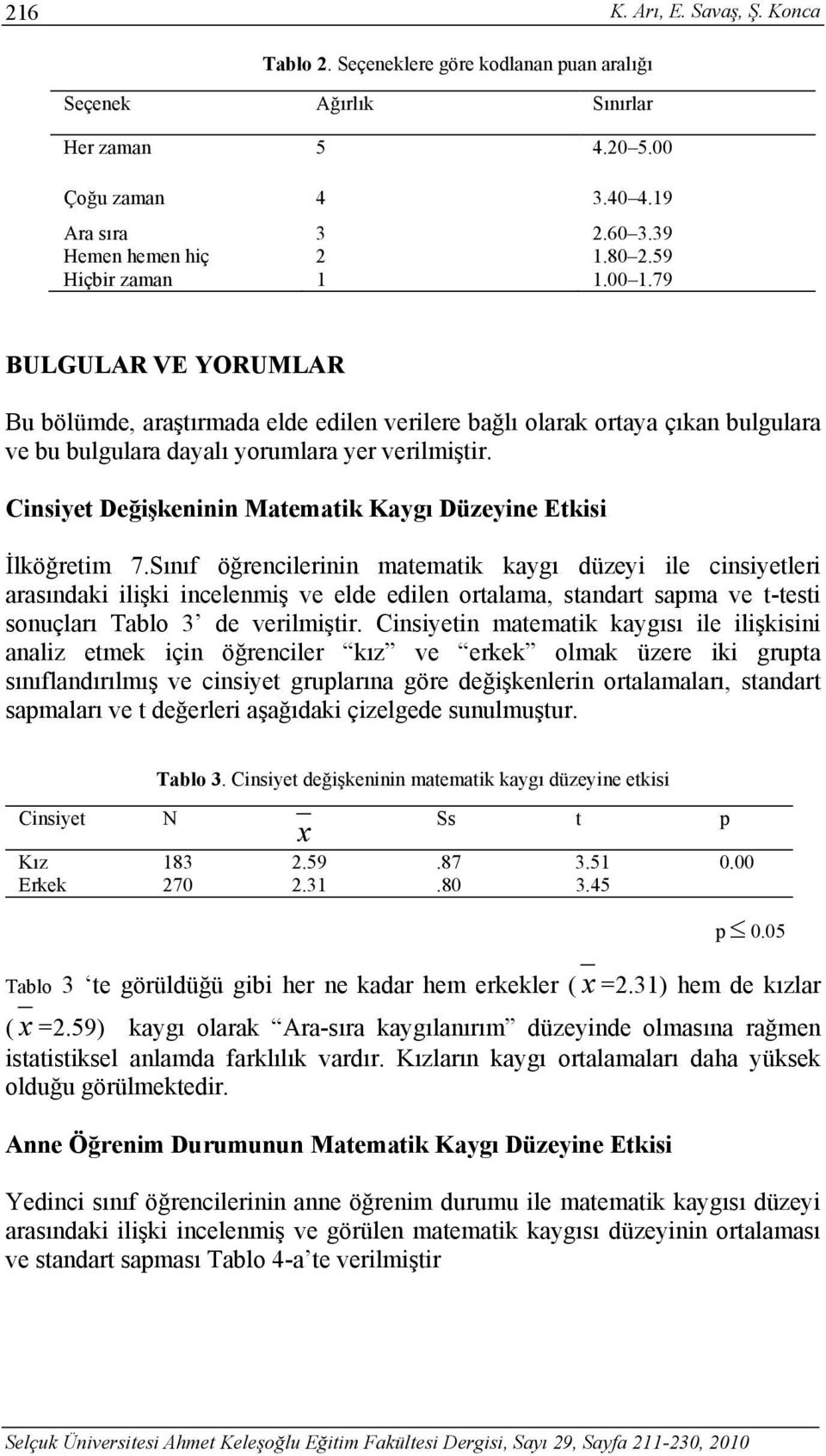 Cinsiyet Değişkeninin Matematik Kaygı Düzeyine Etkisi İlköğretim 7.